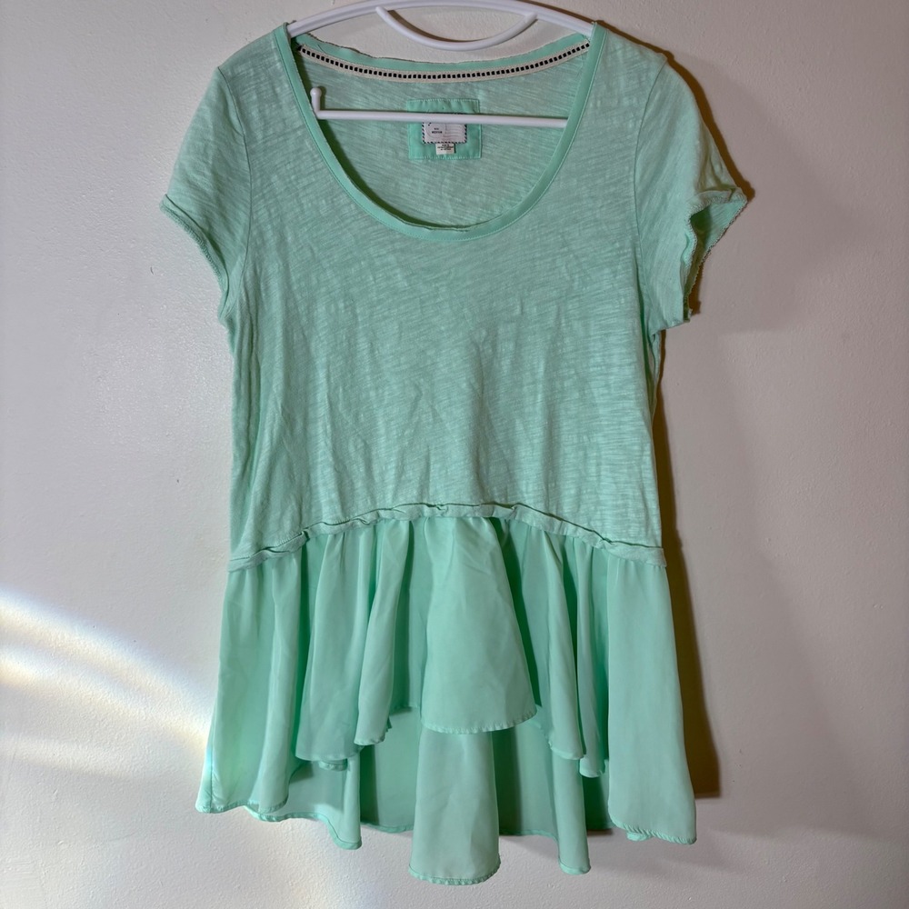 Anthropologie Postmark Mint Green Ruffle‎ Tiered Chiffon Peplum Blouse Medium
